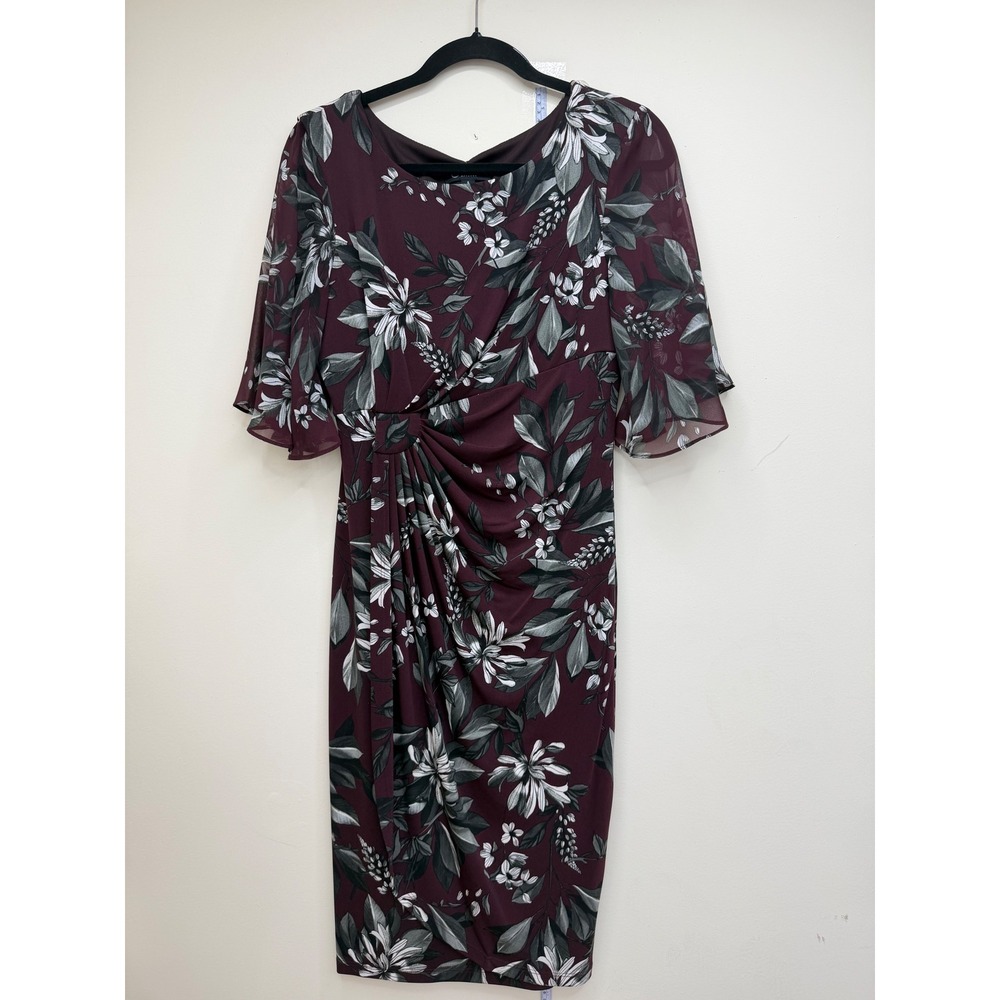 Connected Apparel Floral Sheath Dress Womens 6 New Burgundy Flutter Sleeve $79